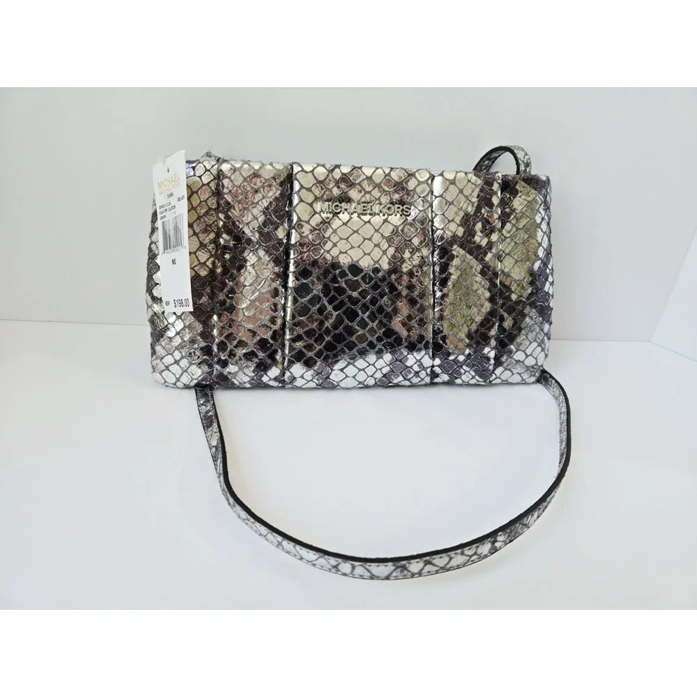 NWT Michael Kors‎ Daria Pleated Clutch Purse Crossbody Leather silver Snakeskin